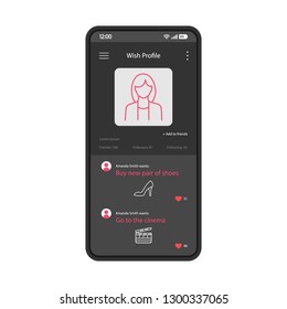 Female wish profile smartphone interface vector template. Plans, desires description screen. Mobile wishlist app page black design layout. Flat UI for application. Online shopping list phone display