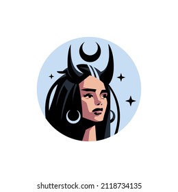 A female witch with black hair. Against the background are crescent moons and stars. Earrings in the ears in the shape of a crescent moon