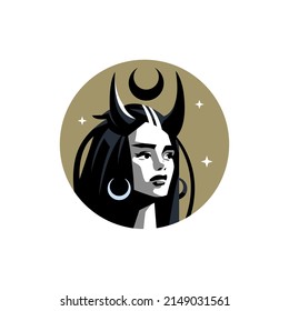 A female witch with black hair. Against the background are crescent moons and stars. Earrings in the ears in the shape of a crescent moon