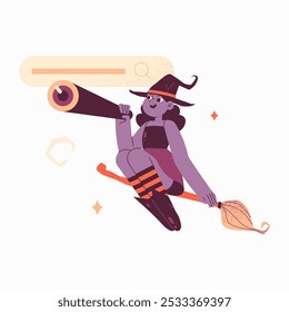 Female Witch Flying On Broom With Telescope In Flat Vector Illustration Symbolizing Halloween, Magic, And Exploration, Isolated On White Background