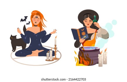 Female witch and fortune teller with witchcraft attributes vector illustration