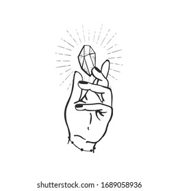 Female witch hand with floating gemstone vector illustration. Glowing crystal in hand isolated on white background.