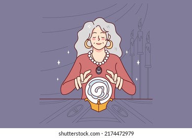 Female Witch With Magical Crystal Ball Predicting Future. Woman Fortune Teller Reading Destiny In Dark Room. Magic And Superstition. Vector Illustration. 