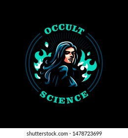 A female witch with a magical fire behind her. Vector illustration