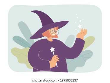 Female wizard holding magic wand. Girl wearing witch hat, stars in hand flat vector illustration. Fairytale, fantasy, Halloween, magic concept for banner, website design or landing web page