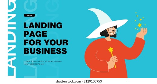 Female wizard holding magic wand. Girl wearing witch hat, stars in hand flat vector illustration. Fairytale, fantasy, Halloween, magic concept for banner, website design or landing web page