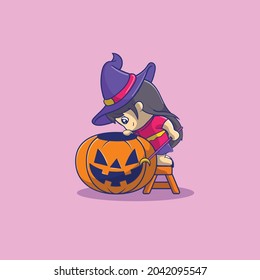 female wizard looking on the pumpkins halloween illustration graduate programs vector icon illustration