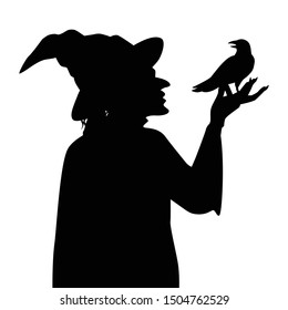 Female wizard silhouette vector, Halloween devil in black and white.