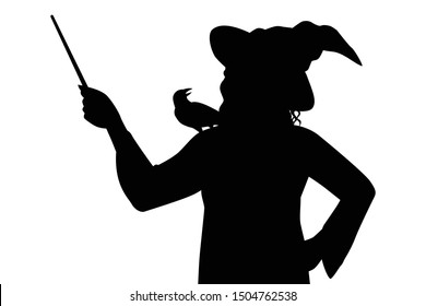 Female wizard silhouette vector, Halloween devil in black and white.