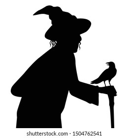 Female wizard silhouette vector, Halloween devil in black and white.