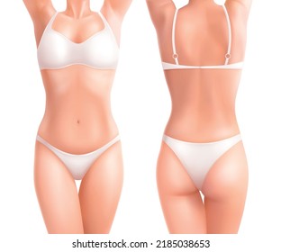 Female Woman Body Set With Realistic Front And Rear Views Of Girl Body Wearing White Lingerie Vector Illustration