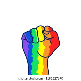 Female woman can.Protest Hand Icon isolated.Symbol of feminism concept.Girl Power.Harassment.Woman rights, protest.Gay Pride. concept rainbow colored hand with a fist raised up. Sticker, patch.