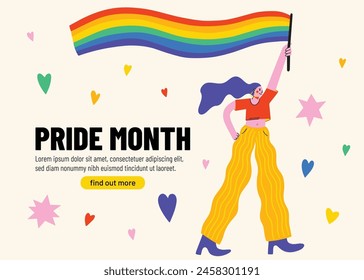 Female woman cartoon character hold rainbow flag during Pride month, gay parade celebration, lgbt festival, people against descrimination. human rights, equality. Web banner, poster, design concept
