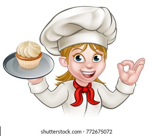 Female woman chef or baker cartoon character holding a plate with a frosted cupcake or fairy cake on it