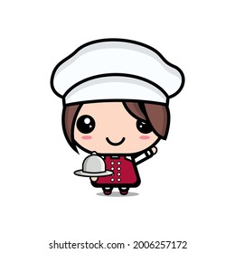A female woman chef cartoon character holding a plate. Cute girl chef cartoon character