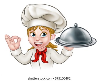 A Female Woman Chef Cartoon Character Holding A Plate Or Platter Cloche