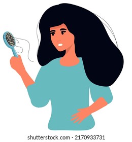  female woman with a comb in hand. Hair loss, alopecia in young age, hair problems, baldness. Flat vector illustration