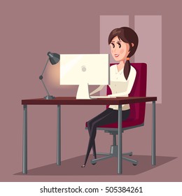 Female or woman at computer in room or home. Girl sitting on chair and working or web surfing in front of LCD display. Freelance banner or businesswoman logo, designer sign