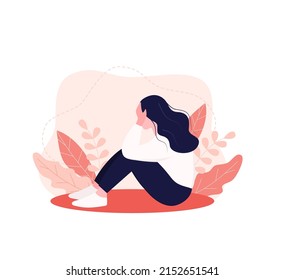 A female woman in depression with bewildered thoughts of her mind is depressed. In window, young sad girl sitting on her knees and hugging her knees. flat style Eps 10