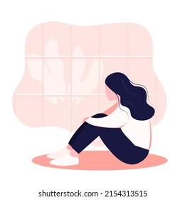 A female woman in depression with bewildered thoughts of her mind is depressed. In window, young sad girl sitting on her knees and hugging her knees. flat style Eps 10
