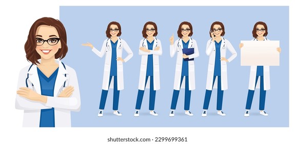 Female woman doctor or nurse character set in different poses. Various gestures - standing, pointing, showing, talking on the phone, holding empty blank board vector illustration