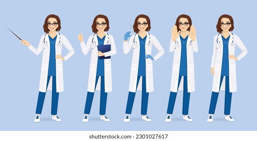 Female woman doctor or nurse character set in different poses. Various gestures - standing, showing thumb up and stop sign, holding pointer stick and syringe vector illustration