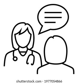 Female Woman Doctor  Wear Stethoscope Talking Consultation With Female Patient Icon Design. Bubble Chat And List Text Vector Illustration.