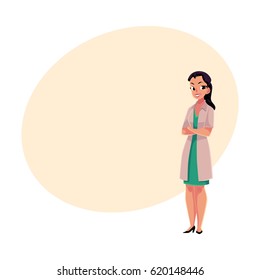 Female, woman doctor in white medical coat standing confidently with arms folded, crossed on breast, cartoon vector illustration with space for text. Full length portrait of female doctor