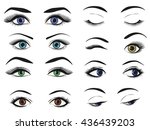 Female woman eyes and brows image collection set. Fashion moda girl eyes design.