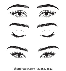 Female Woman Eyes And Brows Image Collection Set. Fashion Moda Girl Eyes Design.