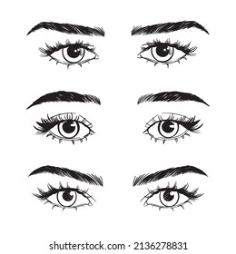 Female Woman Eyes And Brows Image Collection Set. Fashion Moda Girl Eyes Design.