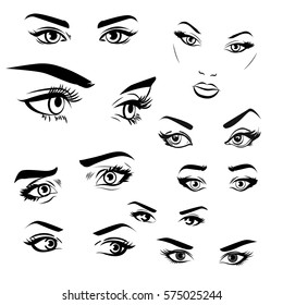 Female Woman Eyes And Brows Image Collection Set. Fashion Girl Eyes Design. Vector Illustration