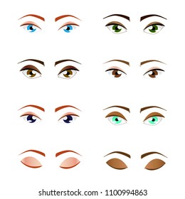 Female woman eyes and brows set. Open and closed.