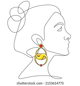 female woman face one line minimalist accent on the gold earring with red gem