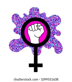 Female Woman Feminism Protest Hand Icon isolated.Symbol and raised fist feminism watercolor pink.Yes, Women Can. Girl Power.Feminism concept.Harassment.Woman rights, protest.Patch glitter 