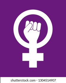 Female woman feminism resist symbol. Girl power white vector icon isolated on purple background. Fight like a girl