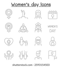 Female, woman, feminist, women’s day icon set in thin line style