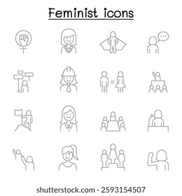 Female, woman, feminist, women’s day icon set in thin line style