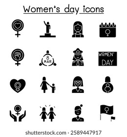 Female, woman, feminist, women day icon set in glyph style