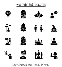 Female, woman, feminist, women day icon set in glyph style