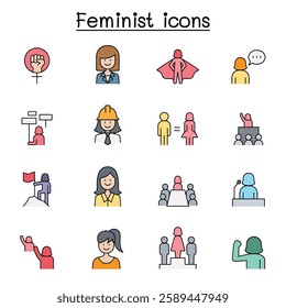 Female, woman, feminist, women day icon set in color line style