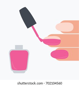 female & woman fingers isolated cartoon. closeup fingers modern. pink color brush nail polish bottle. manicure vector. beauty & fashion background. applying process flat design style. cosmetic simple