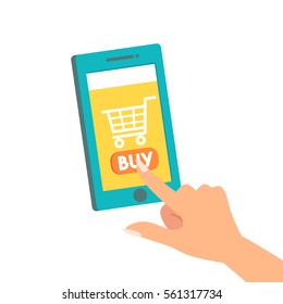 female woman hand finger pointing or press on buy button on the screen mobile shopping, online store on the smartphone concepts vector illustration flat modern style