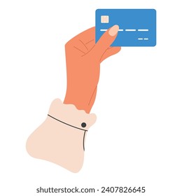 Female woman hand holds debit card. Cashless payment. Pay by crebit card concept
