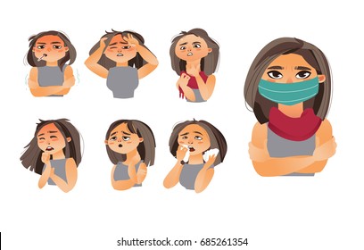 Female, woman head showing flu, influenza symptoms - headache, runny nose, sneezing, coughing, wearing medical mask, cartoon vector illustration isolated on white background. Set of flu symptoms