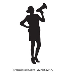 Female woman holding megaphone speak louder vector silhouette.
