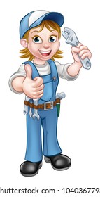 A female woman mechanic or plumber handyman cartoon character holding a spanner and giving a thumbs up