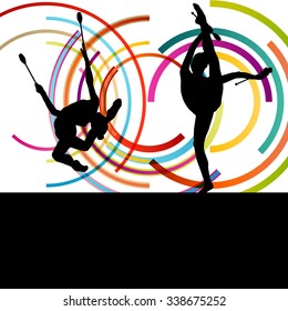 Female woman modern rhythmic gymnastics art with Indian clubs vector abstract background concept