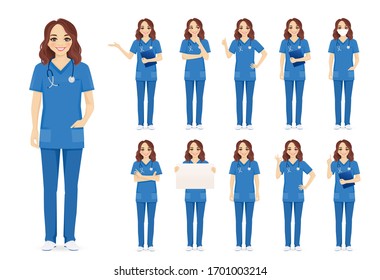 Female Woman Nurse Character Set In Different Poses Isolated Vector Illustartion