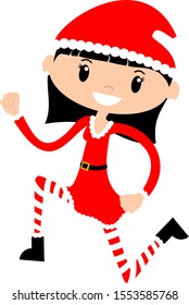 Female woman Santa Claus running in a hurry in red Christmas suit with hat. Cute festive girl holiday character on clear background.